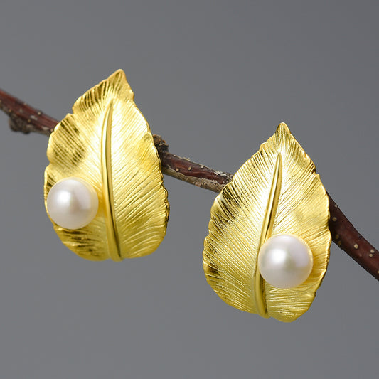 Pendientes de hoja y perla de plata de ley 925 Gold