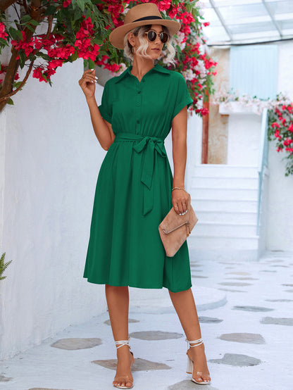 Vestido camisero con cinturón y manga corta con puños Mid Green