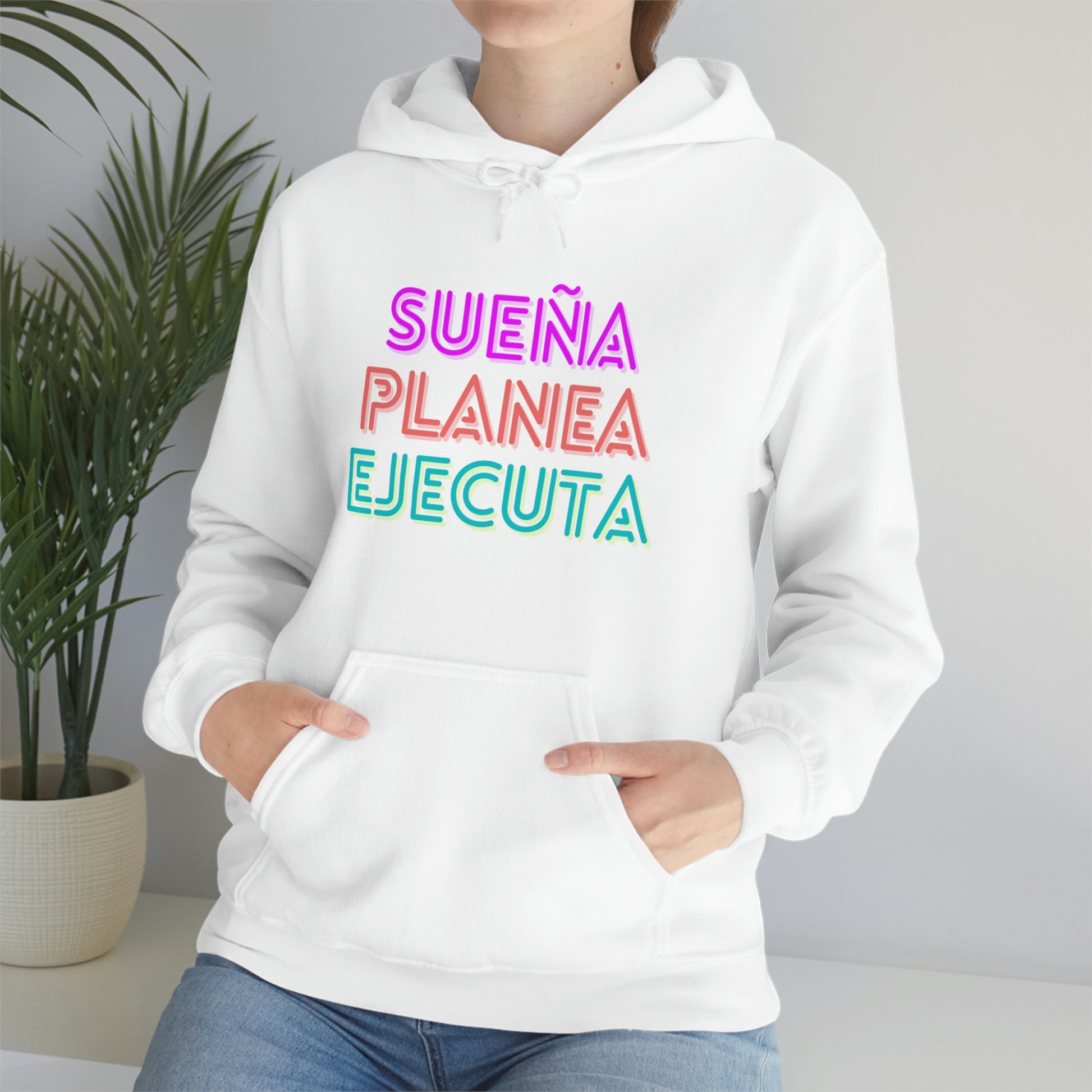 Hoodie Unisex Sueña, Planea, Ejecuta White