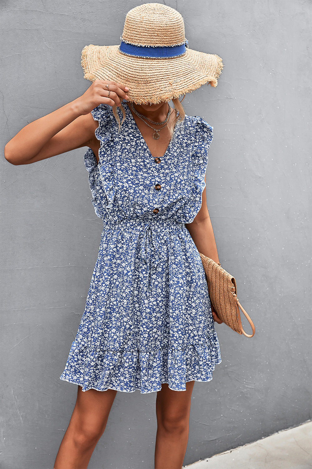 Vestido floral con volantes y cuello en V Blue