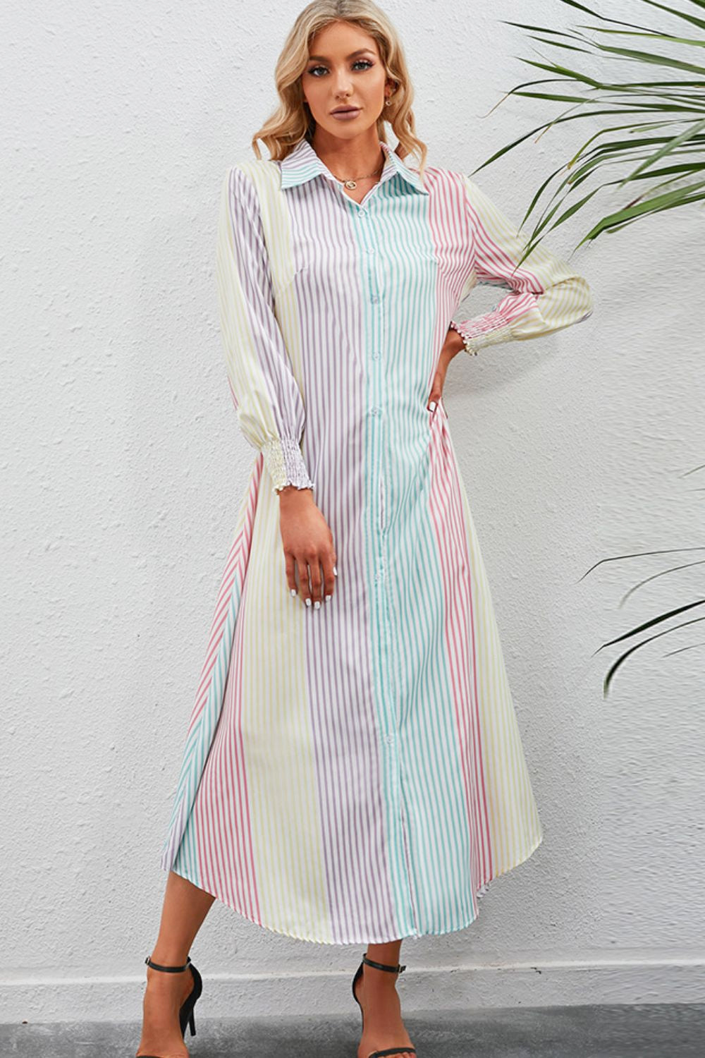 Vestido largo con camisa con botones y rayas de arco iris Stripe