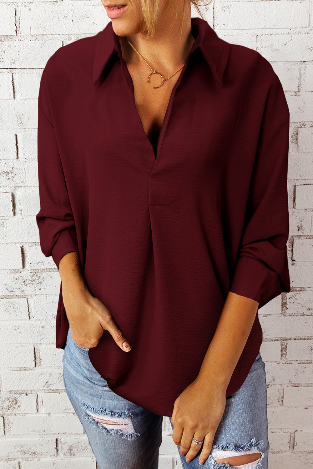 Blusa de manga de tres cuartos con cuello Johnny con textura Wine