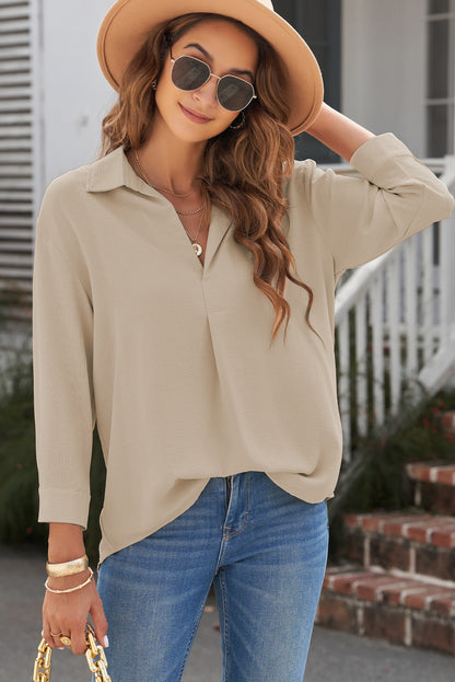 Blusa de manga de tres cuartos con cuello Johnny con textura Beige