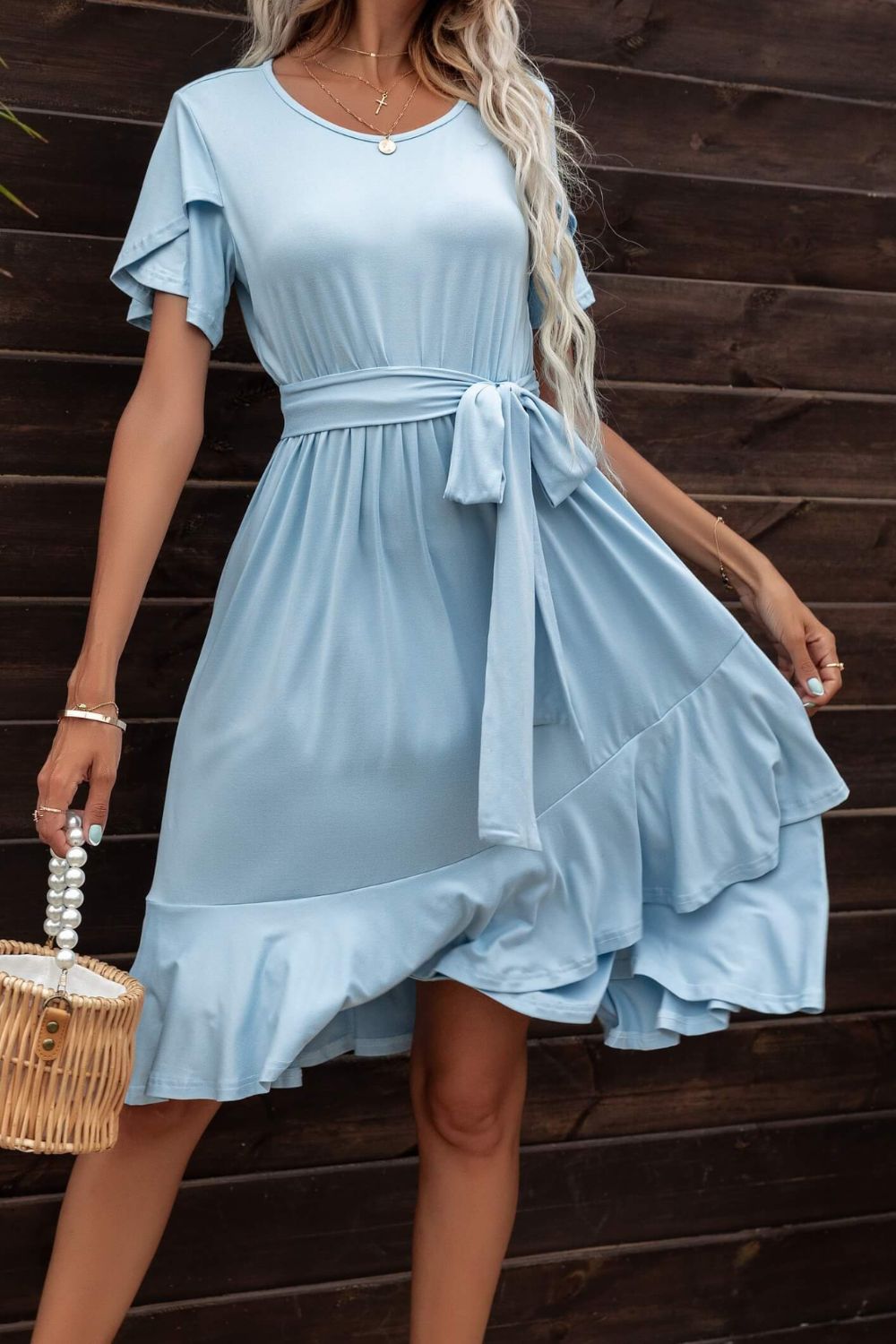 Vestido de cintura con mangas de pétalos y dobladillo con volantes Pastel Blue