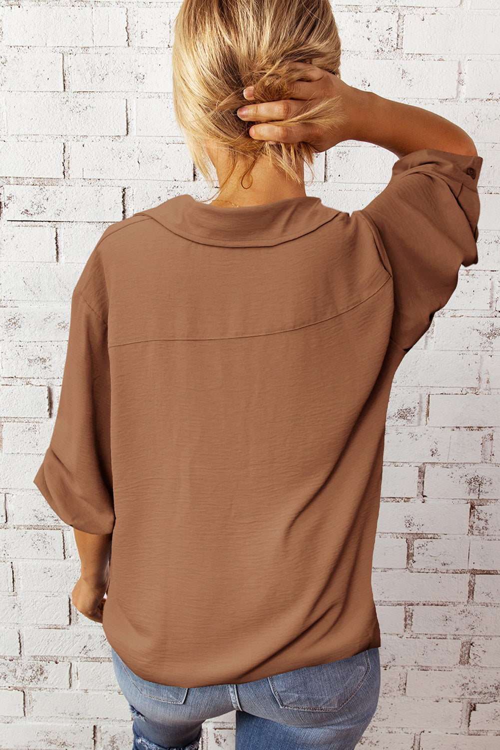 Blusa de manga de tres cuartos con cuello Johnny con textura