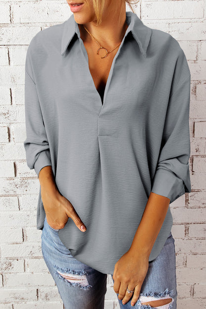 Blusa de manga de tres cuartos con cuello Johnny con textura Gray