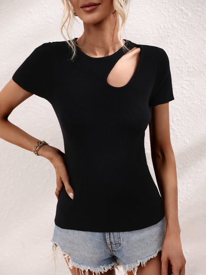 Top tela de punto manga corta con cuello redondo recortado Black