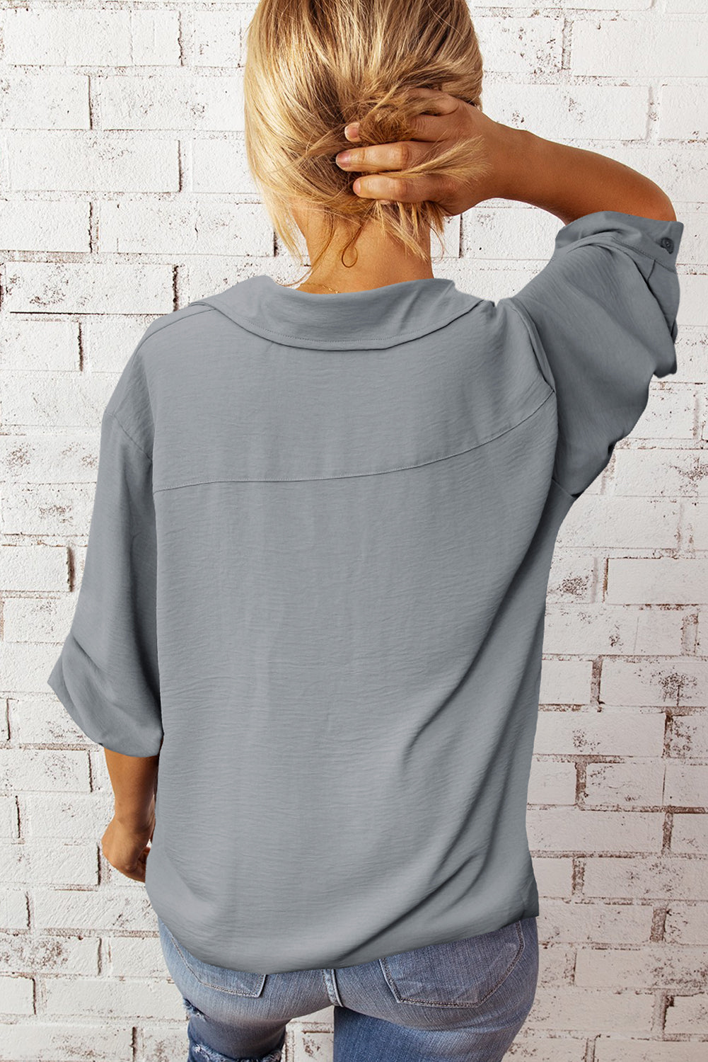 Blusa de manga de tres cuartos con cuello Johnny con textura